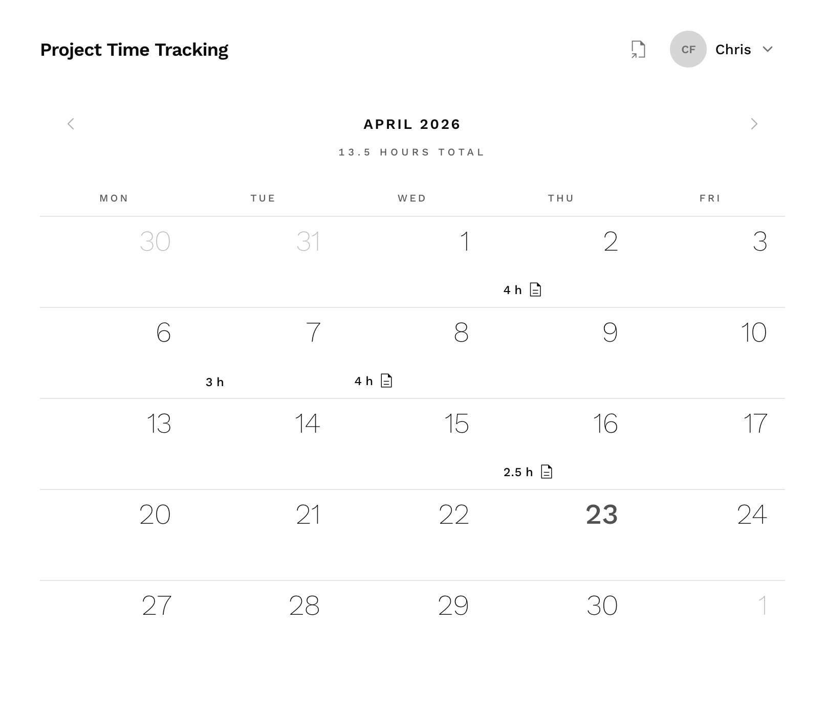 Freelance Time Tracker home screen.