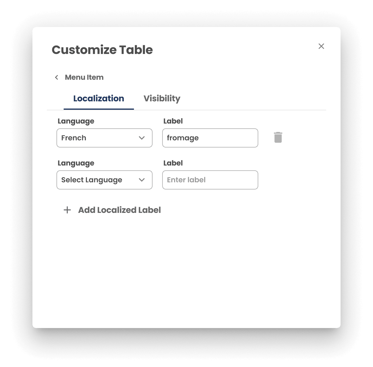 Zilliant CPQ localize label interface.