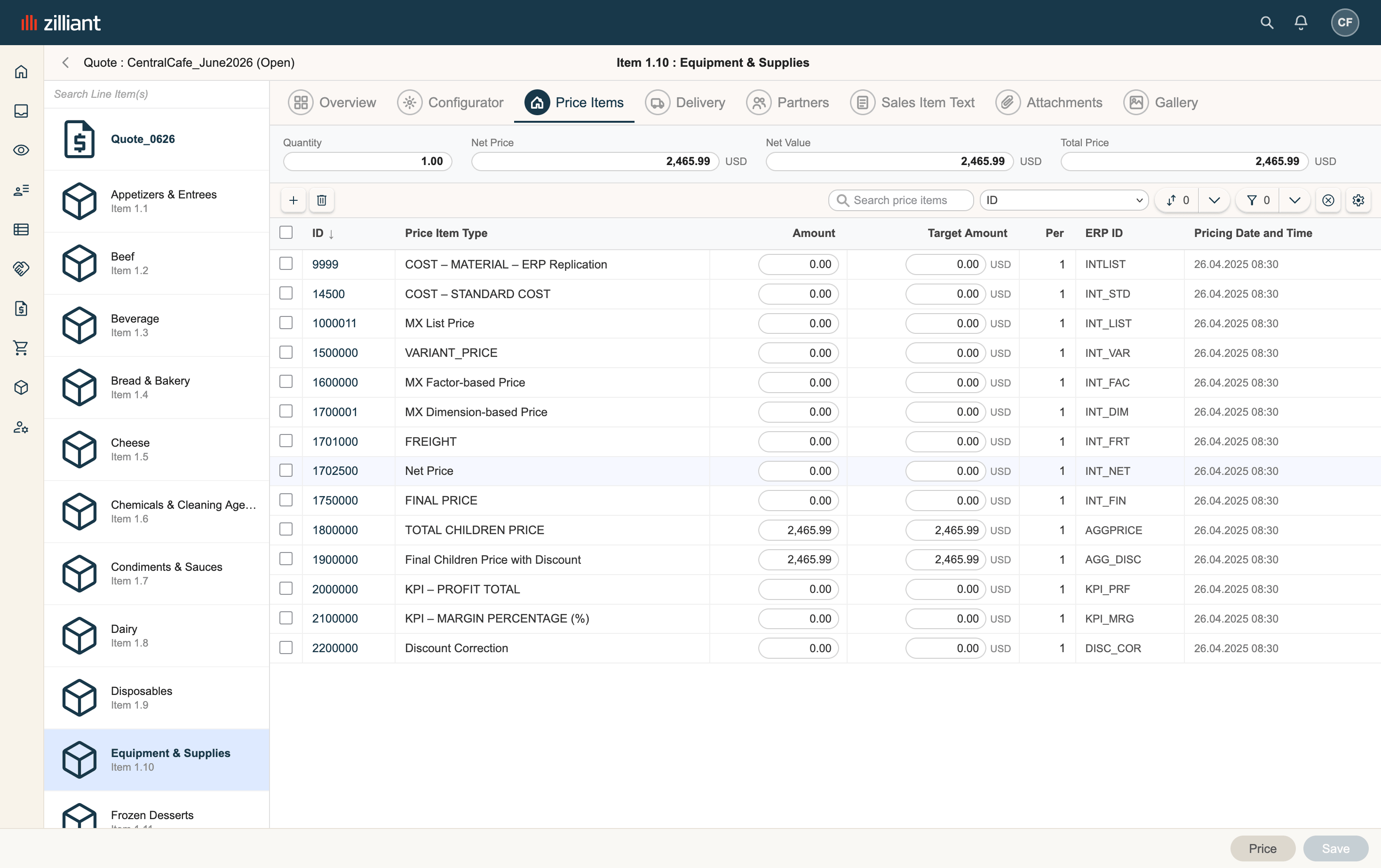 Original Zilliant CPQ quote edit details interface.