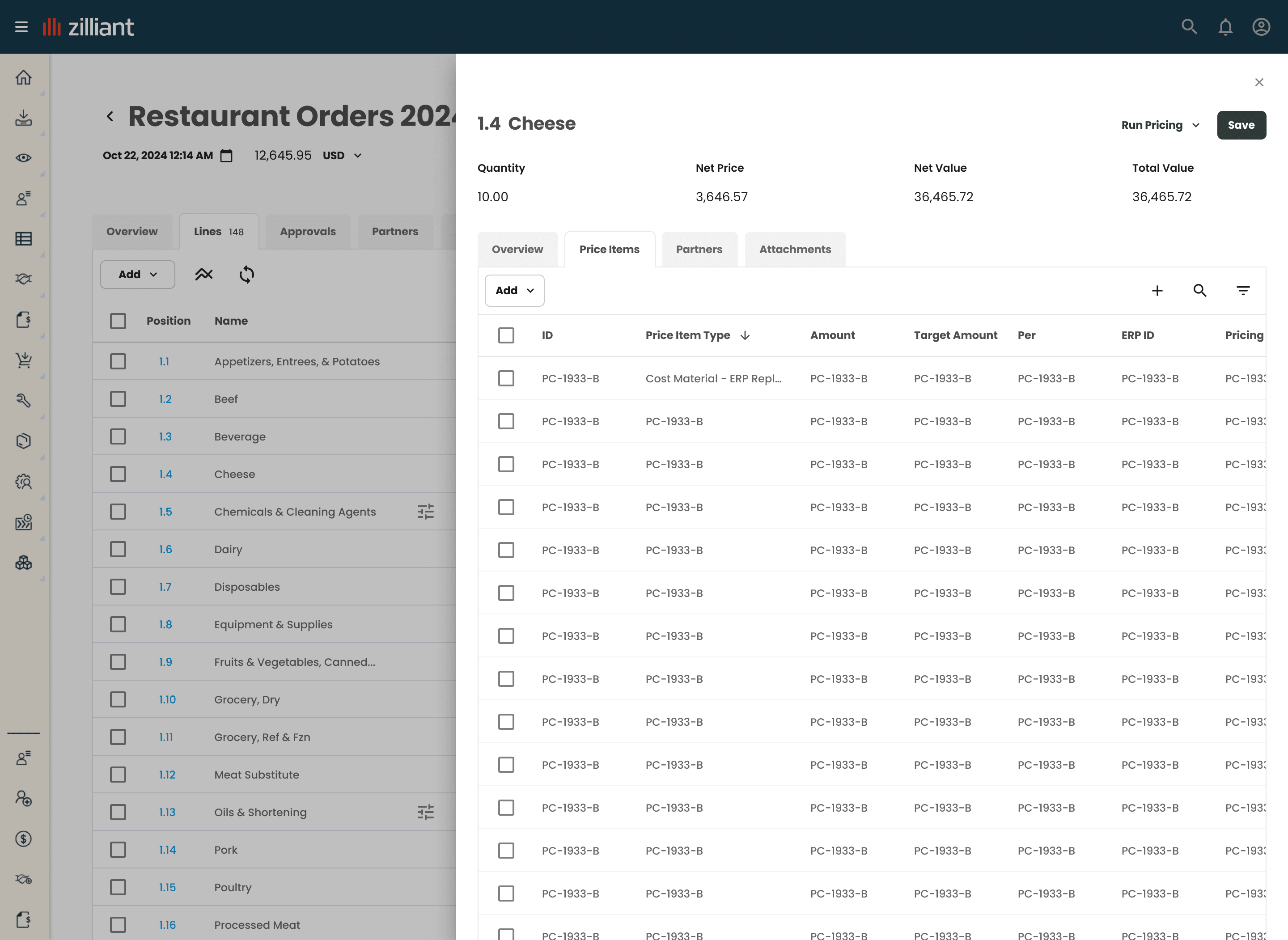 Zilliant CPQ item details interface.